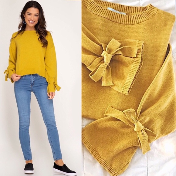 Mustard Bell Sleeve Knit Sweater, Sleeve Tie - Picture 8 of 9